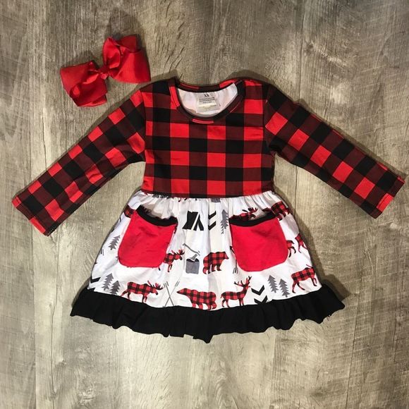 Buffalo plaid bear and deer pocket dress - Picture 2 of 4